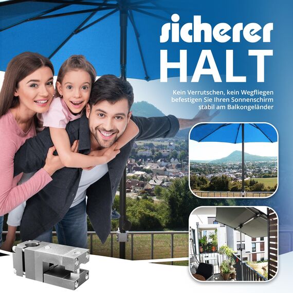 KD-TECH Stabiler Sonnenschirmhalter - Sonnenschirmständer für Balkon eckige Geländer - sichere Sonnenschirmbefestigung ohne Bohren