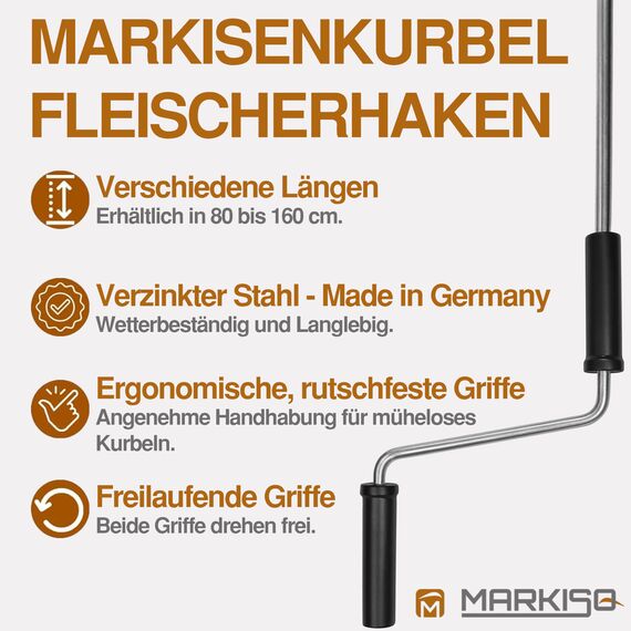 markiso Markisenkurbel 120 cm Verzinkt – Kurbel für Markise mit Fleischerhaken – Kurbelgestänge verzinkter Stahl, Rostfrei, Ergonomische Griffe, Freilaufend für Leichte Bedienung