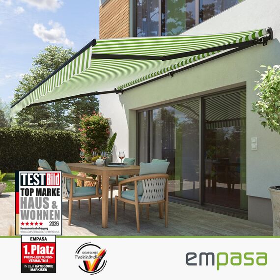 empasa manuelle Gelenkarmmarkise Markise Start Sonnenmarkise Sonnenschutz Alu/Polyester komplett vormontiert, in verschiedenen Größen und Farben, Farbe:grün/weiß, Größe:350 x 250