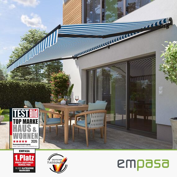 empasa manuelle Gelenkarmmarkise Markise Start Sonnenmarkise Sonnenschutz Alu/Polyester komplett vormontiert, in verschiedenen Größen und Farben, Farbe:blau/weiß gestreift, Größe:350 x 250