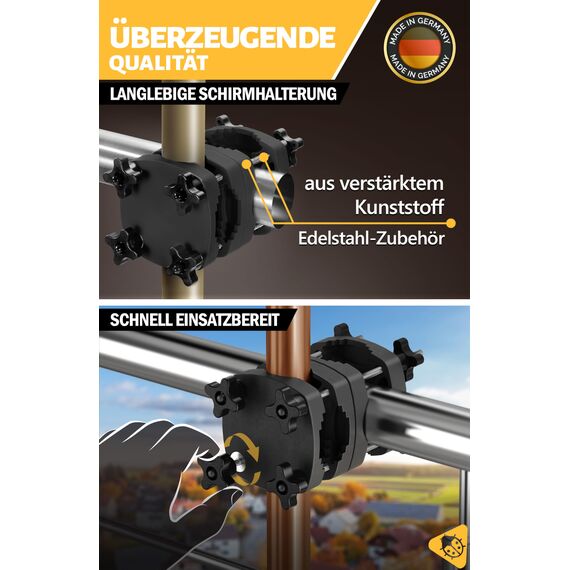 Menz Sonnenschirmhalter Balkongeländer - Bombensichere Schirmhalterung Balkongeländer als kompakter Sonnenschirmständer Balkon, absolut universelle Sonnenschirm Halterung Balkon in Schwarz
