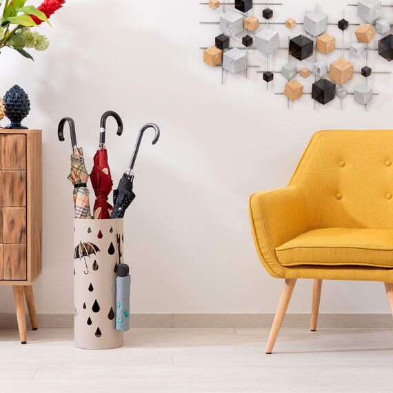 Baroni Home zylindrisch Regenschirmständer aus Metall, mit Aussparungen in Regen- und Regenschirm-Form, mit zwei Haken und abnehmbarer Regenschale Taupegrau, 18,5x18,5x49 cm.