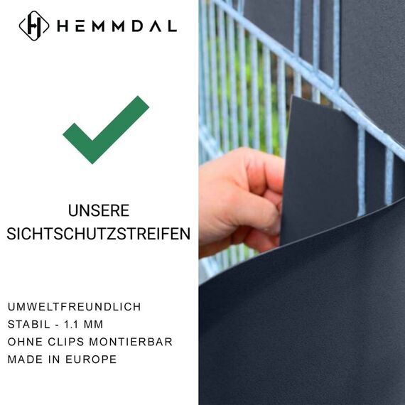 HEMMDAL Premium Sichtschutzstreifen | 35 m Zaunfolie | 1,1 mm Stärke | Montage ohne Hilfsmittel | hochwertiges Polypropylen | formstabil | wasserfest | 5 Jahre UV-beständig | Anthrazit | Made in EU