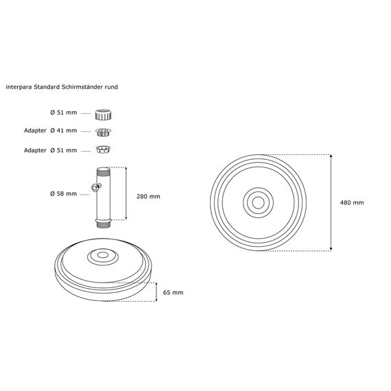 paramondo Sonnenschirm Schirmständer Standard Rund, Schwarz, Aus Polymerbeton, für Maststärke bis zu Ø 50mm, inkl. Adapterhülsen