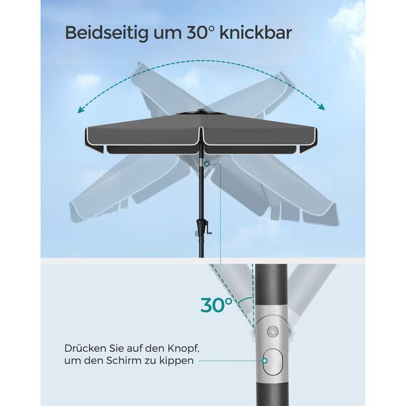 SONGMICS Sonnenschirm 200 x 150 cm, rechteckiger Balkonschirm, Sonnenschutz UPF 50+, beidseitig um 30° knickbar, für Garten, Terrasse, ohne Ständer, grau GPU048G01