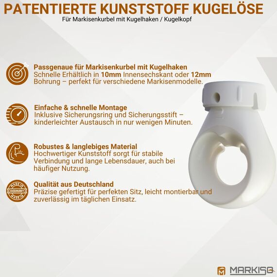 markiso® Markisenkurbel Kugelöse – Ersatz-Öse für Markisengetriebe [Made in Germany] – 12 mm Bohrung – Robuste Kunststofföse für Kugelhaken & Kugelkopf