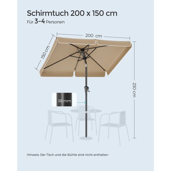 SONGMICS Sonnenschirm 200 x 150 cm, rechteckiger Balkonschirm, Sonnenschutz UPF 50+, beidseitig um 30° knickbar, für Garten, Terrasse, ohne Ständer, Taupe GPU048K01