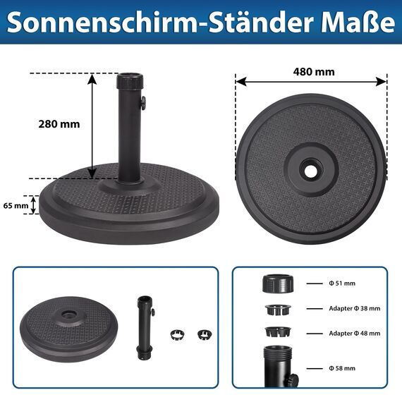paramondo Sonnenschirm Schirmständer Standard Rund, Schwarz, Aus Polymerbeton, für Maststärke bis zu Ø 50mm, inkl. Adapterhülsen