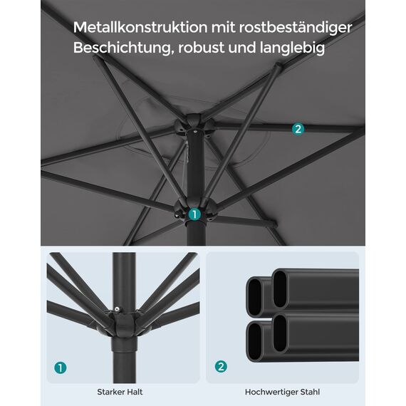 SONGMICS Sonnenschirm 200 x 150 cm, rechteckiger Balkonschirm, Sonnenschutz UPF 50+, beidseitig um 30° knickbar, für Garten, Terrasse, ohne Ständer, grau GPU048G01