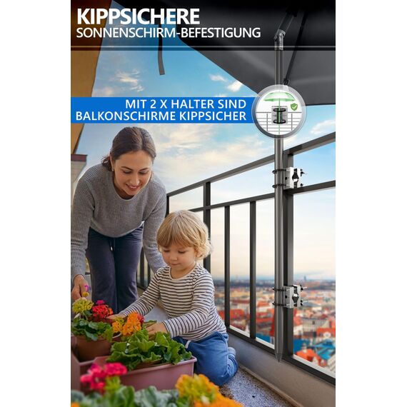 4smile Sonnenschirmhalter Balkongeländer SunnyEasy- 2er Set, Edelstahl Sonnenschirm Halterung Balkon - Flexible Schirmhalterung Balkongeländer ersetzt Sonnenschirmständer Balkon