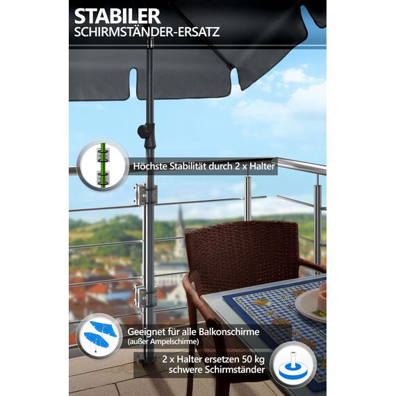 4smile Sonnenschirmhalter Balkongeländer SunnyEasy- 2er Set, Edelstahl Sonnenschirm Halterung Balkon - Flexible Schirmhalterung Balkongeländer ersetzt Sonnenschirmständer Balkon