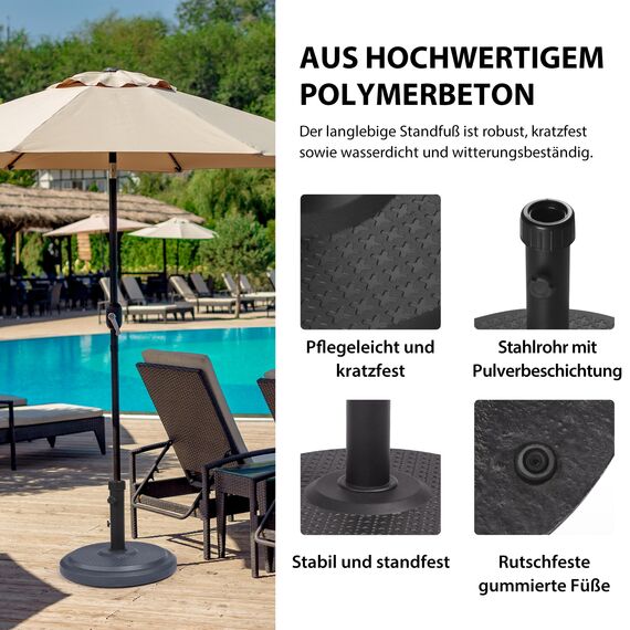 paramondo Sonnenschirm Schirmständer Standard Rund, Schwarz, Aus Polymerbeton, für Maststärke bis zu Ø 50mm, inkl. Adapterhülsen