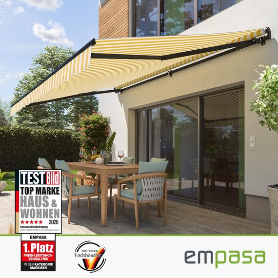 empasa manuelle Gelenkarmmarkise Markise Start Sonnenmarkise Sonnenschutz Alu/Polyester komplett vormontiert, in verschiedenen Größen und Farben, Farbe:gelb/weiß gestreift, Größe:350 x 250