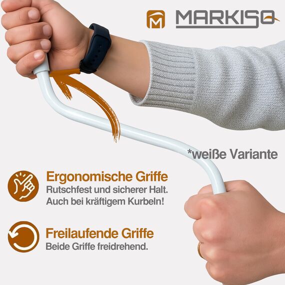 markiso Markisenkurbel 140 cm Weiß – Kurbel für Markise mit Fleischerhaken – Kurbelgestänge Pulverbeschichtet, Rostfrei, Ergonomische Griffe, Freilaufend für Leichte Bedienung