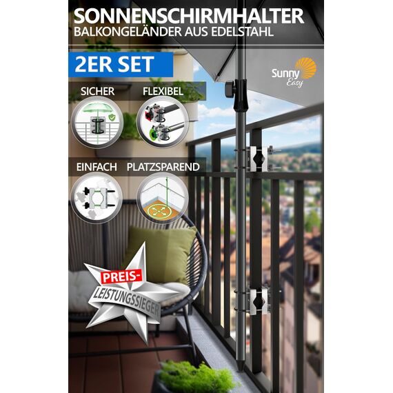 4smile Sonnenschirmhalter Balkongeländer SunnyEasy- 2er Set, Edelstahl Sonnenschirm Halterung Balkon - Flexible Schirmhalterung Balkongeländer ersetzt Sonnenschirmständer Balkon