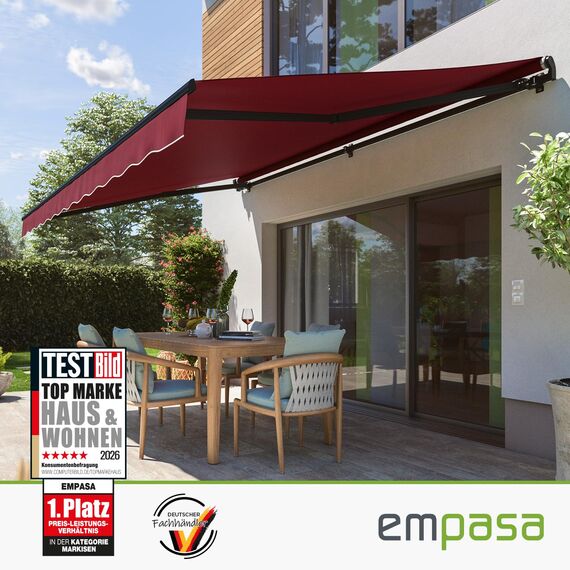 empasa manuelle Gelenkarmmarkise Markise Start Sonnenmarkise Sonnenschutz Alu/Polyester komplett vormontiert, in verschiedenen Größen und Farben, Farbe:weinrot, Größe:400 x 250