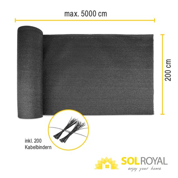 Sol Royal Schattennetz 50m x 2m Schattiergewebe 165g/m² – Blickdichter Sonnenschutz mit UV-Schutz & Kabelbinder für einfache Befestigung – HDPE Sichtschutz Garten Anthrazit für Gewächshaus & Zaun SG80