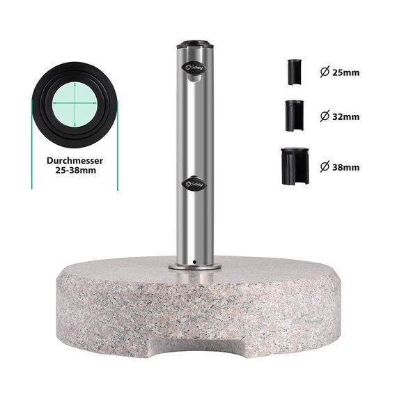 Sekey Granit Sonnenschirmständer mit Edelstahlrohr, Hochwertiger Sockel, für Schirmstöcke bis 22-38 mm, Balkonschirmständer 25KG Rund Grau