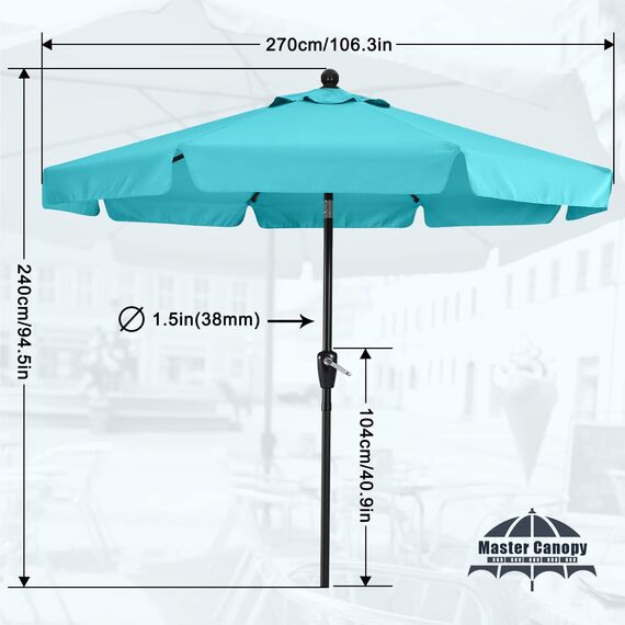 MasterCanopy 270 cm Sonnenschirm neigungsverstellbar, mit schönem Volant, 8 Rippen und Kurbel, für Patio, Garten, Terrasse, Markt, Türkis