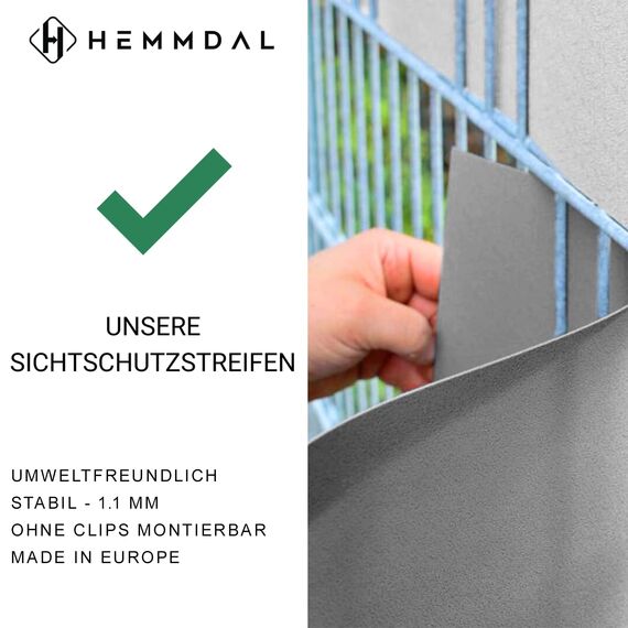 HEMMDAL Premium Sichtschutzstreifen | 35 m Zaunfolie | 1,1 mm Stärke | Montage ohne Hilfsmittel | hochwertiges Polypropylen | formstabil | wasserfest | 5 Jahre UV-beständig | Hellgrau | Made in EU