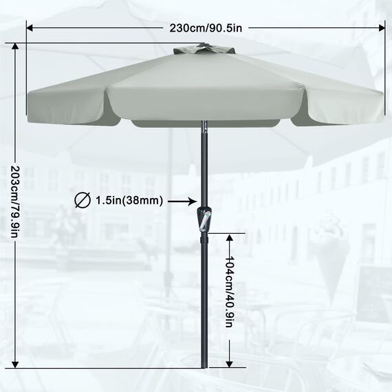 MasterCanopy 230 cm Sonnenschirm neigungsverstellbar, mit schönem Volant, 6 Rippen und Kurbel, für Patio, Garten, Terrasse, Markt, Hellgrau