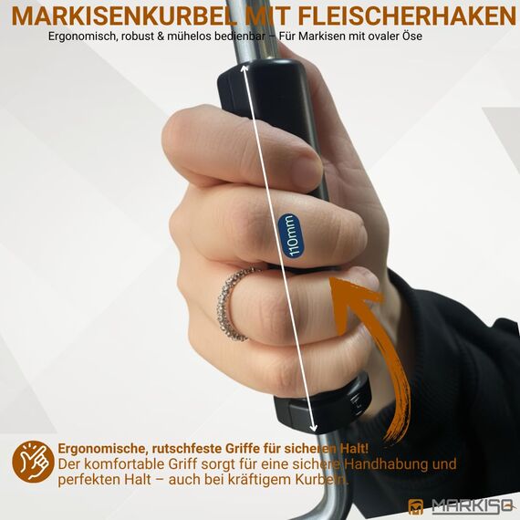 markiso Markisenkurbel 80 cm Verzinkt – Kurbel für Markise mit Fleischerhaken – Kurbelgestänge verzinkter Stahl, Rostfrei, Ergonomische Griffe, Freilaufend für Leichte Bedienung