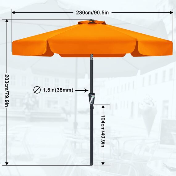 MasterCanopy 230 cm Sonnenschirm neigungsverstellbar, mit schönem Volant, 6 Rippen und Kurbel, für Patio, Garten, Terrasse, Markt, Orange