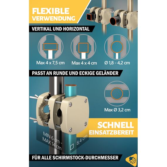 Menz Sonnenschirmhalter Balkongeländer - Kompakte Schirmhalterung Balkongeländer als sicherer Sonnenschirmständer Balkon, flexibel verwendbare Sonnenschirm Halterung Balkon in Sandbraun