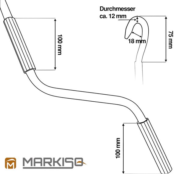 markiso Markisenkurbel 80 cm Verzinkt – Kurbel für Markise mit Fleischerhaken – Kurbelgestänge verzinkter Stahl, Rostfrei, Ergonomische Griffe, Freilaufend für Leichte Bedienung