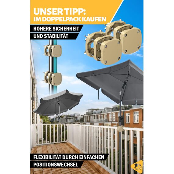 Menz Sonnenschirmhalter Balkongeländer - Kompakte Schirmhalterung Balkongeländer als sicherer Sonnenschirmständer Balkon, flexibel verwendbare Sonnenschirm Halterung Balkon in Sandbraun
