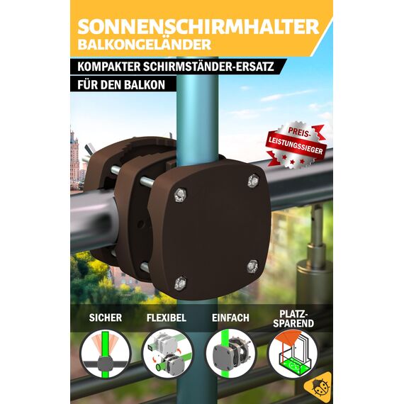Menz Sonnenschirmhalter Balkongeländer - Kompakte Schirmhalterung Balkongeländer als sicherer Sonnenschirmständer Balkon, flexibel verwendbare Sonnenschirm Halterung Balkon in Taupe