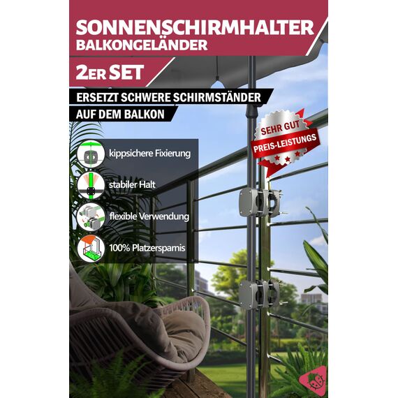 Menz Schirmhalterung Balkongeländer, 2er-Set-Sonnenschirmhalter Balkongeländer als kompakter Sonnenschirmständer Balkon, flexibel montierbare Sonnenschirm Halterung Balkon in Anthrazit