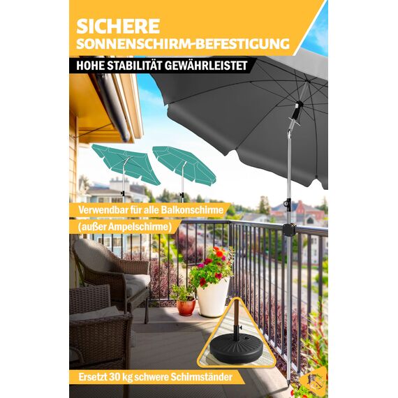 Menz Sonnenschirmhalter Balkongeländer SunnyBoy - flexibel verwendbar, Kompakte Sonnenschirm Halterung Balkon - Schirmhalterung Balkongeländer ersetzt Sonnenschirmständer Balkon, Grau