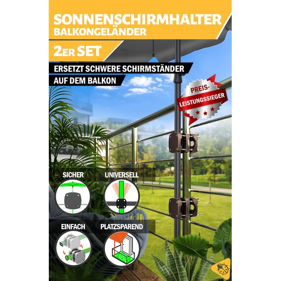Menz Sonnenschirmhalter Balkongeländer 2er Set - Kompakte Schirmhalterung Balkongeländer als sicherer Sonnenschirmständer Balkon, flexibel verwendbare Sonnenschirm Halterung Balkon in Taupe