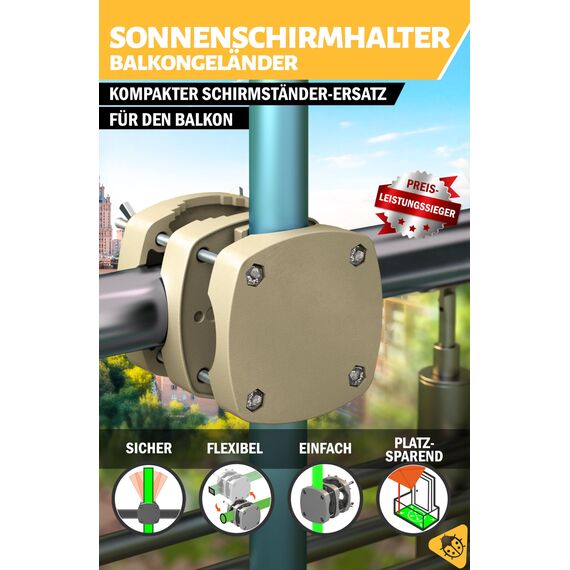 Menz Sonnenschirmhalter Balkongeländer - Kompakte Schirmhalterung Balkongeländer als sicherer Sonnenschirmständer Balkon, flexibel verwendbare Sonnenschirm Halterung Balkon in Sandbraun