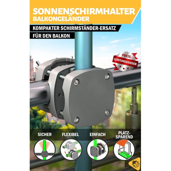 Menz Sonnenschirmhalter Balkongeländer SunnyBoy - flexibel verwendbar, Kompakte Sonnenschirm Halterung Balkon - Schirmhalterung Balkongeländer ersetzt Sonnenschirmständer Balkon, Grau