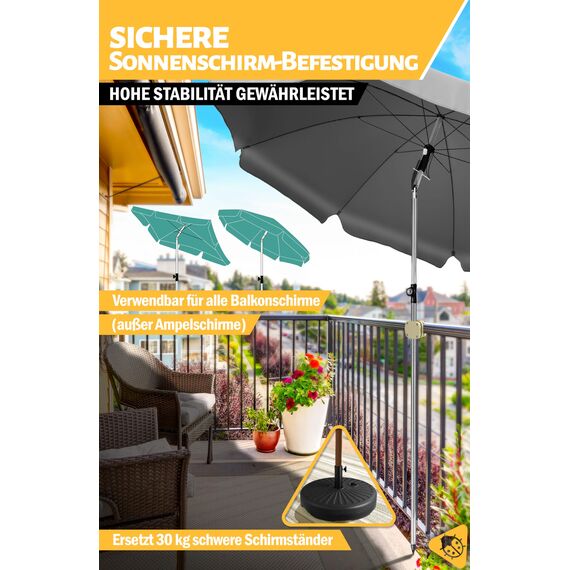 Menz Sonnenschirmhalter Balkongeländer - Kompakte Schirmhalterung Balkongeländer als sicherer Sonnenschirmständer Balkon, flexibel verwendbare Sonnenschirm Halterung Balkon in Sandbraun