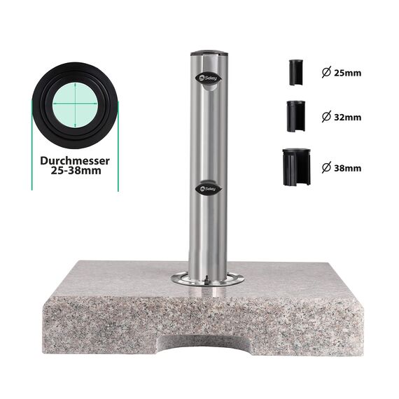 Sekey Granit Sonnenschirmständer mit Edelstahlrohr, Hochwertiger Sockel, für Schirmstöcke bis 22-38 mm, Balkonschirmständer 25KG Quadratisch Grau