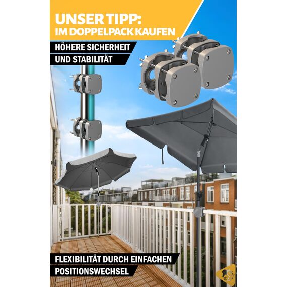 Menz Sonnenschirmhalter Balkongeländer SunnyBoy - flexibel verwendbar, Kompakte Sonnenschirm Halterung Balkon - Schirmhalterung Balkongeländer ersetzt Sonnenschirmständer Balkon, Grau