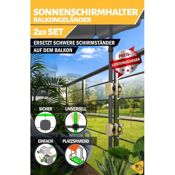 Menz Sonnenschirmhalter Balkongeländer 2er Set - Kompakte Schirmhalterung Balkongeländer als sicherer Sonnenschirmständer Balkon, flexibel verwendbare Sonnenschirm Halterung Balkon in Sandbraun