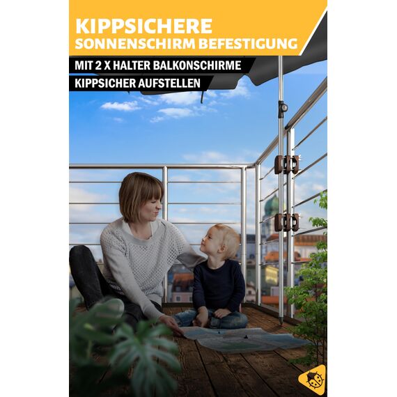 Menz Sonnenschirmhalter Balkongeländer 2er Set - Kompakte Schirmhalterung Balkongeländer als sicherer Sonnenschirmständer Balkon, flexibel verwendbare Sonnenschirm Halterung Balkon in Taupe