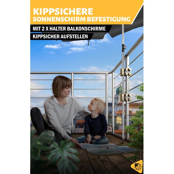Menz Sonnenschirmhalter Balkongeländer 2er Set - Kompakte Schirmhalterung Balkongeländer als sicherer Sonnenschirmständer Balkon, flexibel verwendbare Sonnenschirm Halterung Balkon in Sandbraun