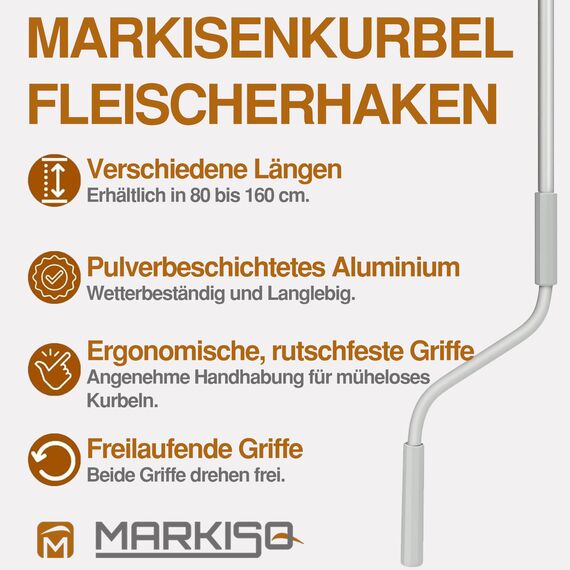 markiso Markisenkurbel 120 cm Weiß – Kurbel für Markise mit Fleischerhaken – Kurbelgestänge Pulverbeschichtet, Rostfrei, Ergonomische Griffe, Freilaufend für Leichte Bedienung