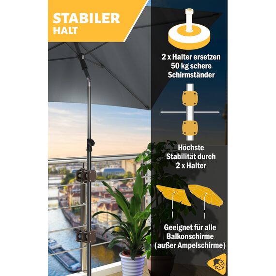 Menz Sonnenschirmhalter Balkongeländer 2er Set - Kompakte Schirmhalterung Balkongeländer als sicherer Sonnenschirmständer Balkon, flexibel verwendbare Sonnenschirm Halterung Balkon in Taupe