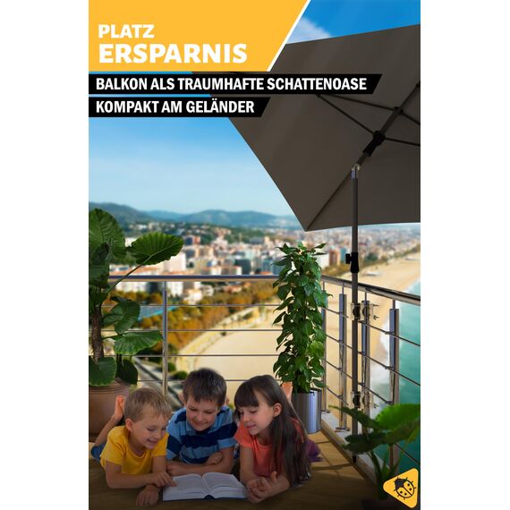 Menz Sonnenschirmhalter Balkongeländer 2er Set - Kompakte Schirmhalterung Balkongeländer als sicherer Sonnenschirmständer Balkon, flexibel verwendbare Sonnenschirm Halterung Balkon in Sandbraun