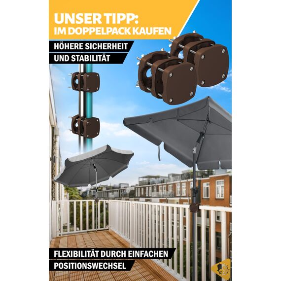 Menz Sonnenschirmhalter Balkongeländer - Kompakte Schirmhalterung Balkongeländer als sicherer Sonnenschirmständer Balkon, flexibel verwendbare Sonnenschirm Halterung Balkon in Taupe