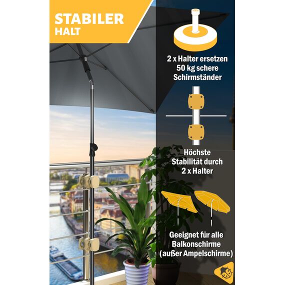 Menz Sonnenschirmhalter Balkongeländer 2er Set - Kompakte Schirmhalterung Balkongeländer als sicherer Sonnenschirmständer Balkon, flexibel verwendbare Sonnenschirm Halterung Balkon in Sandbraun