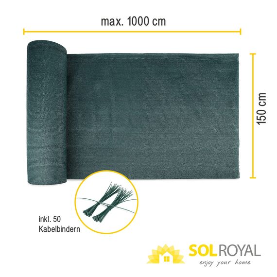 Sol Royal Schattennetz 10m x 1,5m Schattiergewebe 165g/m² – Blickdichter Sonnenschutz mit UV-Schutz & Kabelbinder für einfache Befestigung – HDPE Sichtschutz Garten Grün für Gewächshaus & Zaun SG80