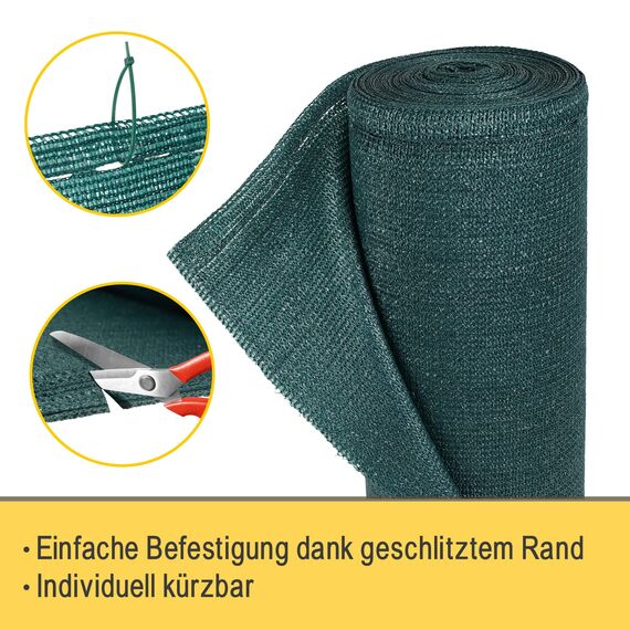Sol Royal Schattennetz 10m x 1,8m Schattiergewebe 165g/m² – Blickdichter Sonnenschutz mit UV-Schutz & Kabelbinder für einfache Befestigung – HDPE Sichtschutz Garten Grün für Gewächshaus & Zaun SG80