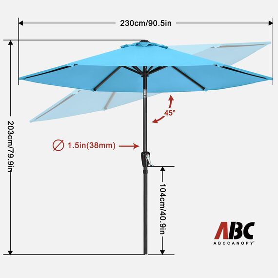 ABCCANOPY 230cm Sonnenschirm im Freien Wasserabweisende Bespannung -Gartenschirm Marktschirm,türkis